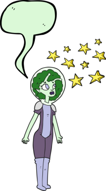 Bir insan tarafından çizilmiş serbest konuşma balonu çizgi filmi uzaylı kız.