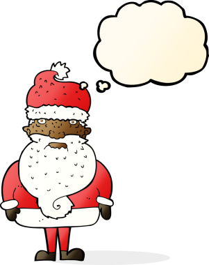 Bir insan tarafından çizilmiş düşünce baloncuklu Noel Baba çizgi filmi.