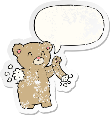 Yırtık kollu çizgi film ayıcığı konuşma baloncuğu, bir insan tarafından çizilmiş sıkıntılı eski bir çıkartma.