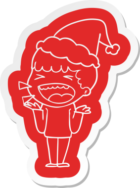 Bir insan tarafından çizilmiş Noel Baba şapkası giyen, gülen bir adamın garip çizgi film etiketi.