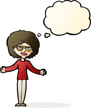 Bir insan tarafından çizilmiş düşünce balonlu gözlük takan çizgi film kadını.