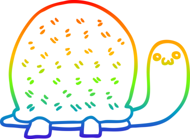 Gökkuşağı gradyan çizgisi. Bir insan tarafından çizilmiş şirin bir karikatür kaplumbağası.