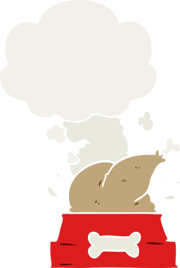 Düşünce baloncuklu tavuklu çizgi film köpek kasesi insan tarafından çizilmiş.