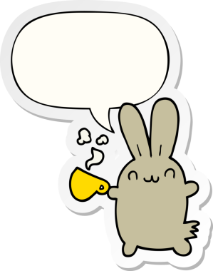 Bir insan tarafından çizilmiş baloncuk çıkartmalı kahve içen sevimli çizgi film tavşanı.