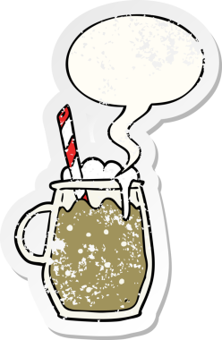 Çizgi film karakteri kök birası, saman ve konuşma balonu, bir insan tarafından çizilmiş sıkıntılı eski bir çıkartma.