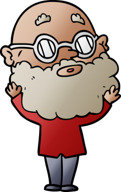 Bir insan tarafından çizilmiş sakallı ve gözlüklü meraklı bir adam.