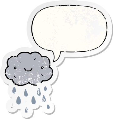 Konuşma baloncuğu olan sevimli çizgi film bulutu bir insan tarafından çizilmiş sıkıntılı eski bir çıkartma