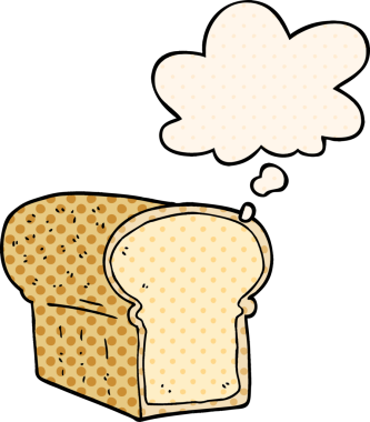 Çizgi roman tarzında bir insan tarafından çizilmiş düşünce balonlu bir somun ekmek.