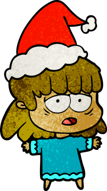 Bir insan tarafından çizilmiş Noel Baba şapkası giyen yorgun bir kadının el çizimi karikatürü.