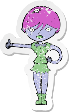 Bir insan tarafından çizilmiş baş parmağıyla işaret veren vampir bir kızın gerilimli çıkartması.