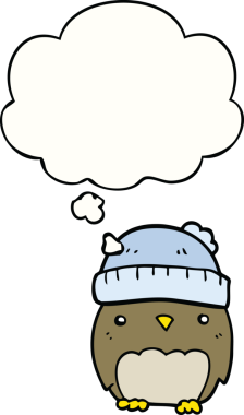 Bir insan tarafından çizilmiş düşünce baloncuklu şapkalı sevimli bir baykuş.