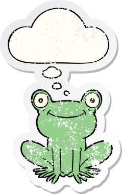 Düşünce baloncuğu olan karikatür kurbağası insan tarafından çizilmiş yıpranmış bir çıkartma.