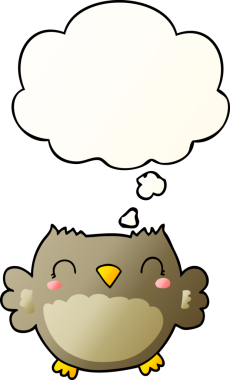 Bir insan tarafından çizilmiş yumuşak eğimli düşünce baloncuğu olan sevimli çizgi film baykuşu