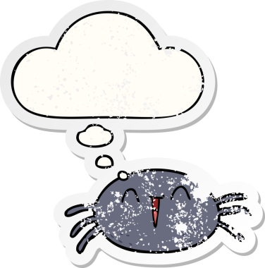 Düşünce baloncuğu olan çizgi film örümceği insan tarafından çizilmiş yıpranmış bir çıkartma.