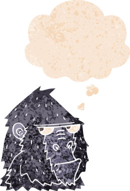 grunge 'da düşünce baloncuğu olan karikatür gorili bir insan tarafından çizilmiş tedirgin edilmiş eski tarz.