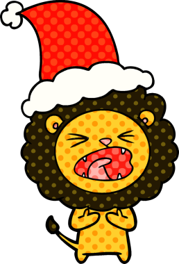 Bir insan tarafından çizilmiş Noel Baba şapkası takan bir aslanın el çizimi çizgi roman tarzı çizimi.