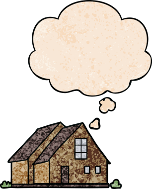 Bir insan tarafından çizilmiş grunge desenli düşünce baloncuklu çizgi film evi.