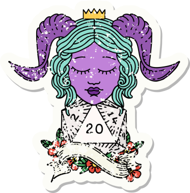 Bir insan tarafından çizilmiş doğal yirmilik zarla süslenmiş grunge çıkartması.