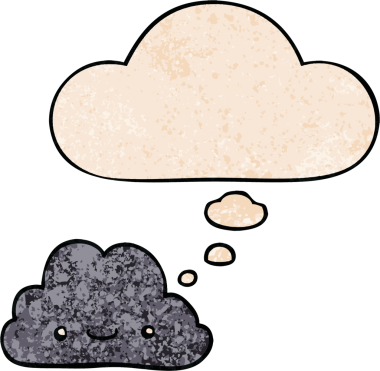 Bir insan tarafından çizilmiş grunge doku tarzında düşünce baloncuğu olan sevimli çizgi film bulutu.