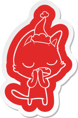 Konuşan kedi çizgi filmi çıkartması Noel Baba şapkası giyen bir insan tarafından çizilmiş.