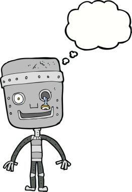 Bir insan tarafından çizilmiş düşünce baloncuklu komik robot.