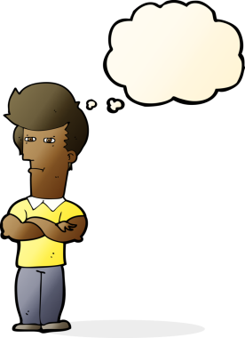 Bir insan tarafından çizilmiş düşünce balonlu kolları katlanmış çizgi film adamı.