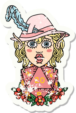 Bir insan tarafından çizilmiş doğal yirmi zarlı elf ozan karakterinin grunge sticker 'ı