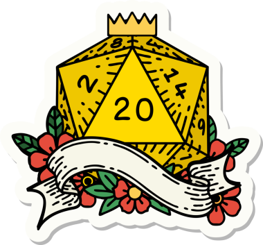 Bir insan tarafından çizilmiş 20 D20 zarının çıkartması.