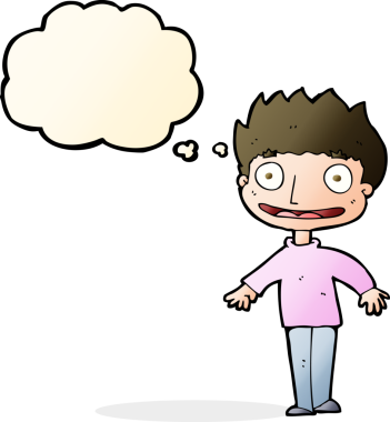 Bir insan tarafından çizilmiş düşünce baloncuğu olan heyecanlı çocuk.