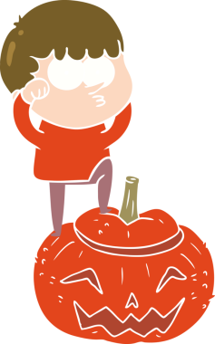 Bir insan tarafından çizilmiş büyük bir balkabağı üzerinde düz renkli çizgi film çocuğu.