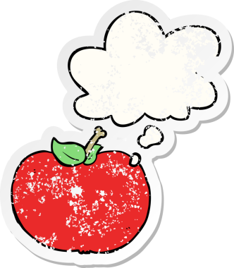 Düşünce baloncuklu çizgi film elması bir insan tarafından çizilmiş yıpranmış bir çıkartma gibi.