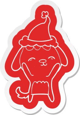 Bir insan tarafından çizilmiş Noel Baba şapkası takan bir köpeğin komik çizgi film çıkartması.