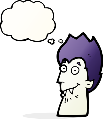 Bir insan tarafından çizilmiş düşünce balonlu vampir kafası.