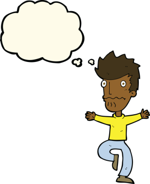 Bir insan tarafından çizilmiş düşünce baloncuğu olan korkmuş bir adam.