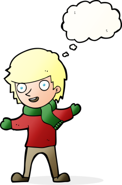 Bir insan tarafından çizilmiş düşünce baloncuğu olan kış kıyafetleri içindeki çizgi film çocuğu.