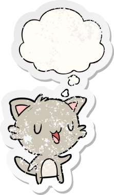 Düşünce baloncuklu çizgi film mutlu kedi bir insan tarafından çizilmiş yıpranmış bir çıkartma gibi