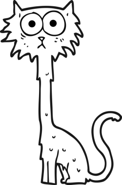 Bir insan tarafından çizilmiş siyah beyaz çizgi film kedisi.