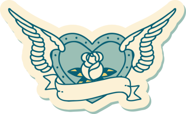 Geleneksel bir dövme stili. Uçan kalp. Çiçekler ve bir insan tarafından çizilmiş bayrak.