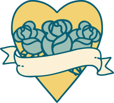 İkonik dövme stili bir kalp ve bir insan tarafından çizilmiş çiçekli pankart.