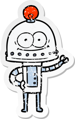 Bir insan tarafından çizilmiş ampullü mutlu bir robot çıkartması.