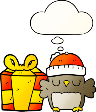 Bir insan tarafından çizilmiş yumuşak eğimli düşünce baloncuklu şirin noel baykuşu.