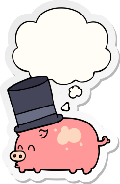 Düşünce baloncuklu silindir şapkalı çizgi film domuzu bir insan tarafından çizilmiş çıkartma.