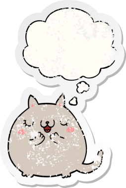 Düşünce baloncuğu olan sevimli bir çizgi film kedisi insan tarafından çizilmiş yıpranmış bir çıkartma gibi.