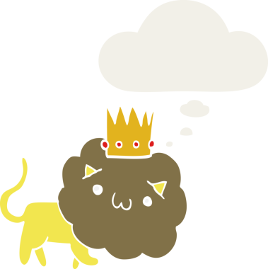 İnsan tarafından çizilmiş düşünce baloncuklu taç takan çizgi film aslanı.