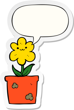 Bir insan tarafından çizilmiş konuşma balonu etiketli karikatür evi bitkisi.