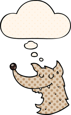 Çizgi roman tarzında bir insan tarafından çizilmiş düşünce kabarcığı olan çizgi film kurdu.