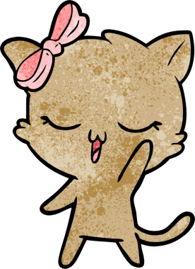 Bir insan tarafından çizilmiş, kafasında yay olan çizgi film kedisi.