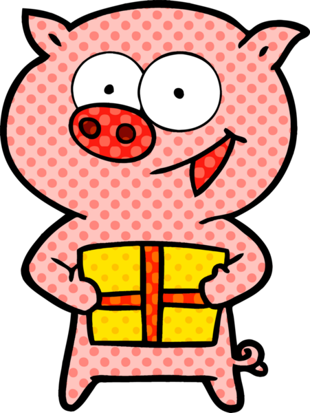 Bir insan tarafından çizilmiş Noel hediyeli neşeli bir domuz.