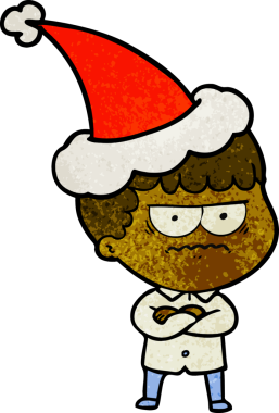 Bir insan tarafından çizilmiş Noel Baba şapkası giymiş rahatsız bir adamın el çizimi karikatürü.
