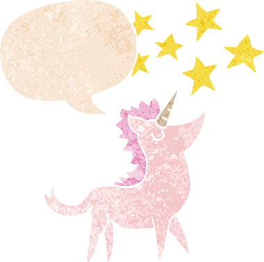 grunge 'da konuşma baloncuğu olan çizgi film tek boynuzlu atı bir insan tarafından çizilmiş tedirgin edilmiş eski tarz.